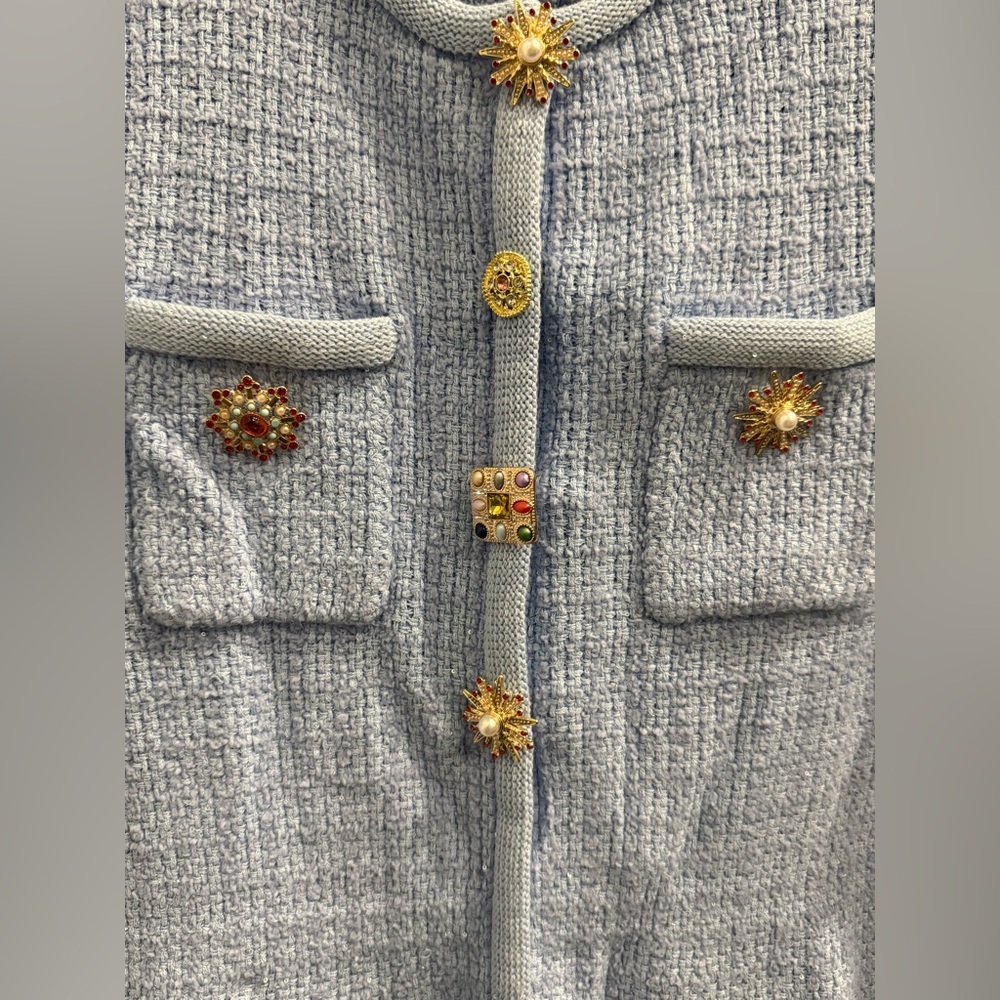 NWT Self-Portrait Blue Embellished Gold Button Knit Mini Dress Sz Large - Picture 7 of 10